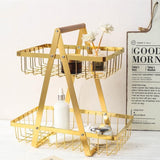 Multipurpose V-shaped Two Layer Metallic Golden Rack with Wooden Handle
