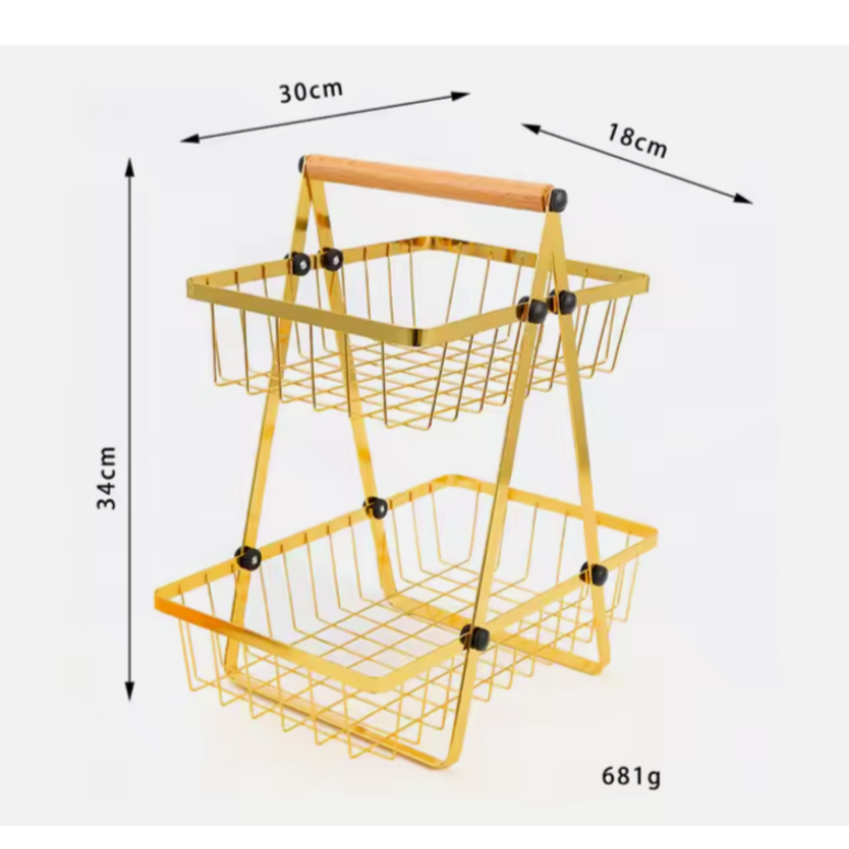 Multipurpose V-shaped Two Layer Metallic Golden Rack with Wooden Handle