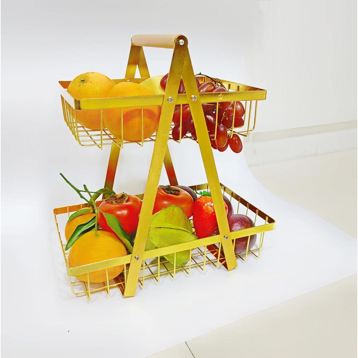 Multipurpose V-shaped Two Layer Metallic Golden Rack with Wooden Handle