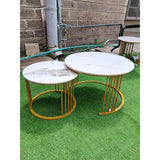 Nesting Marble-Top Coffee Table Set with Gold Frame.