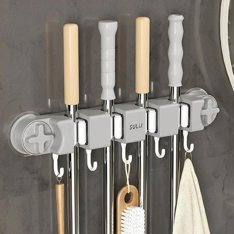Non-Slip Wall Mounted Mop Holder with 4 Racks and 5 Hooks Mop holder Wall-Mounted Caddies