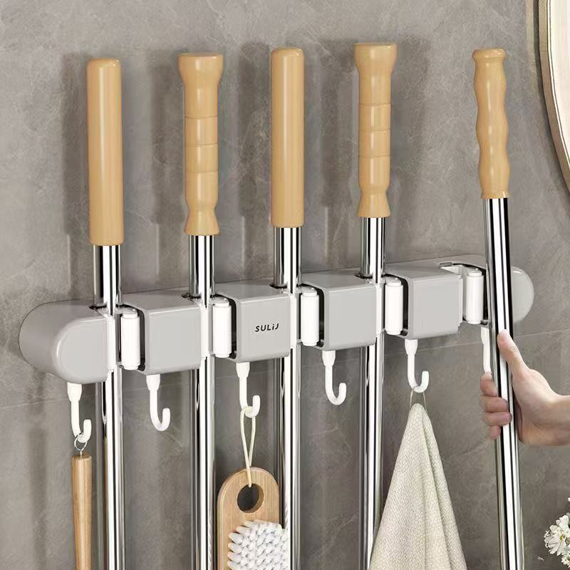 Non-Slip Wall Mounted Mop Holder with 5 Racks and 6 Hooks