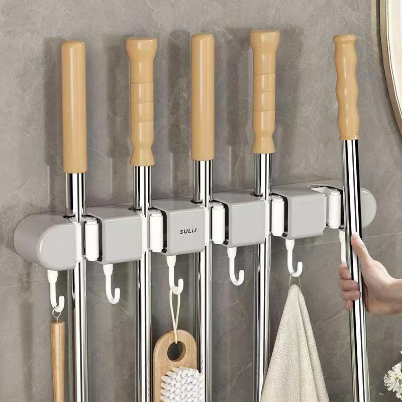 Non-Slip Wall Mounted Mop Holder with 5 Racks and 6 Hooks Mop holder Utility Hooks