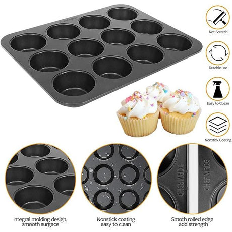 Non-slip Carbon Steel 12-Hole Cupcake Baking Tin | 12 cupcakes | Muffins, Cakes, Chocolate, Bread, Mousse, Jelly, Brownie Cupcakes