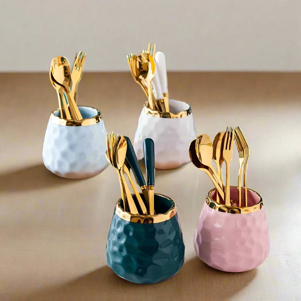 Nordic Light Luxury Fruit Fork and Spoon Set | Includes Ceramic Storage Tank Utensils Flatware Sets