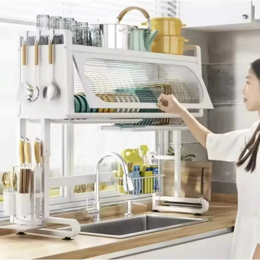 Over the Sink Stainless Steel Dish Rack with Dust Proof Cupboard Kitchen Rack Dish Racks