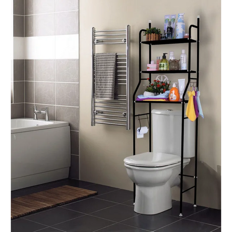 Over the Toilet Steel Tube Stand Organizer | Space Saving Stainless Steel Bathroom Shelf, 158x26x50cm, Black & White