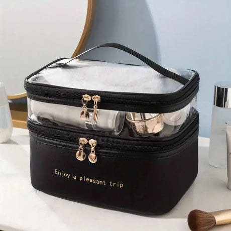 PU Leather Double Layer Waterproof Toiletries & Cosmetics Bag Compact Travel Organizer