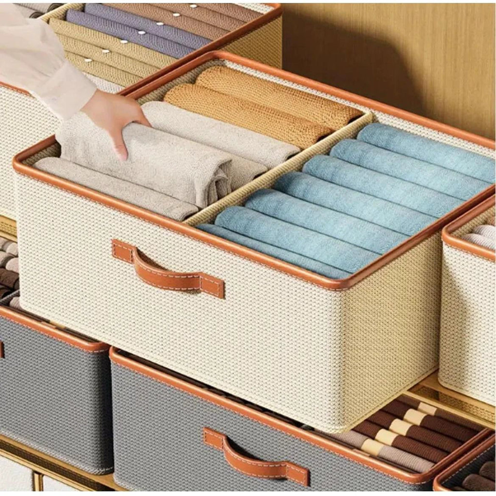 Partitioned Closet Organizers Foldable Fabric Storage Boxes in Beige & Grey Closet Organizers