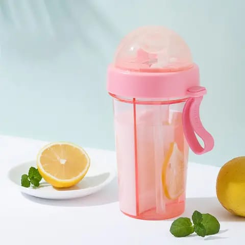 Partitioned Water Bottle Dual Compartment Bottle with Double Straw 420ml