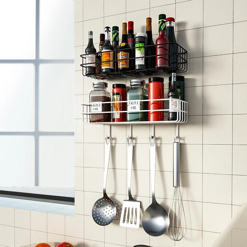 Punch Free Wall Mounted Floating Bathroom Organizer with Hooks Metallic Shelf for Extra Storage