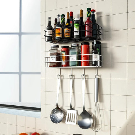 Punch Free Wall Mounted Floating Bathroom Organizer with Hooks Metallic Shelf for Extra Storage