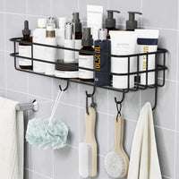 Punch Free Wall Mounted Floating Bathroom Organizer with Hooks Metallic Shelf for Extra Storage Bathroom Storage Wall-Mounted Caddies