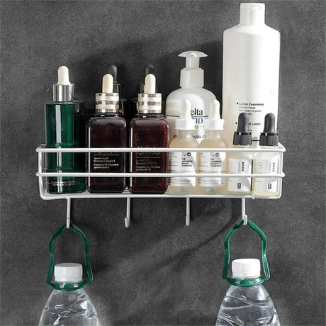 Punch Free Wall Mounted Floating Bathroom Organizer with Hooks Metallic Shelf for Extra Storage
