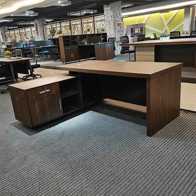 Qk1604 Executive Office Desk Dark Wood Finish with Side Cabinet & Cable Ports