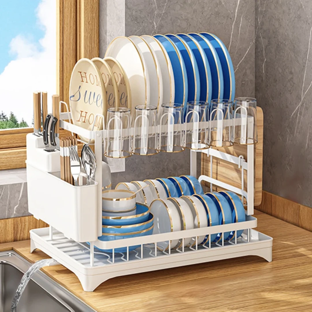 Quality Carbon 2-Tier Dish Rack – White Kitchen Rack Dish Racks