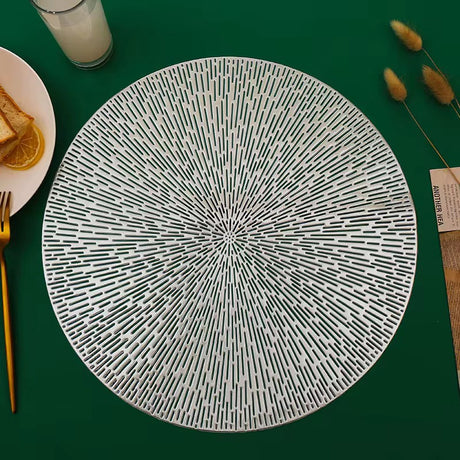 Radiating Line Pattern Round PVC Table Mats – 6pcs Set | Gold & Silver (38cm)