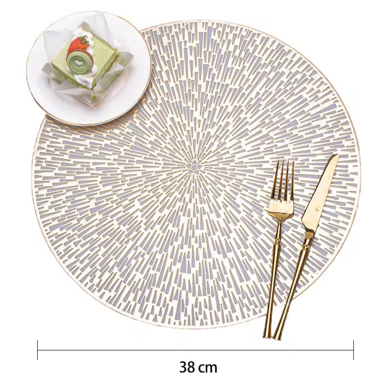 Radiating Line Pattern Round PVC Table Mats – 6pcs Set | Gold & Silver (38cm)