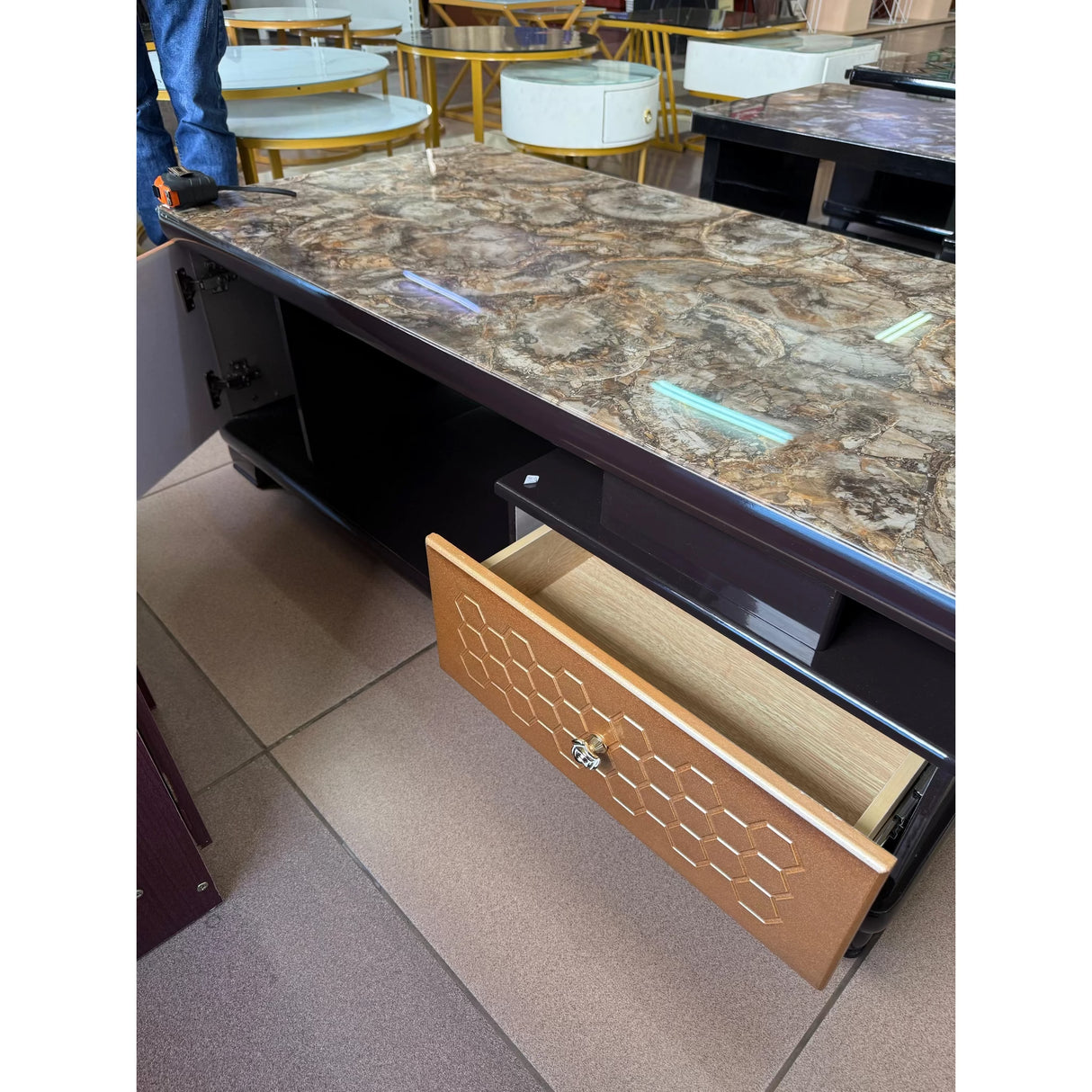 Rectangular Coffee Table – 120cm Marble Effect with Tree Stamp Design, Dual Drawers & Cabinets Coffee Tables