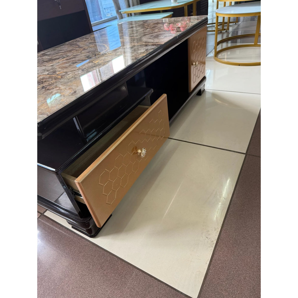 Rectangular Coffee Table – 120cm Marble Effect with Tree Stamp Design, Dual Drawers & Cabinets Coffee Tables