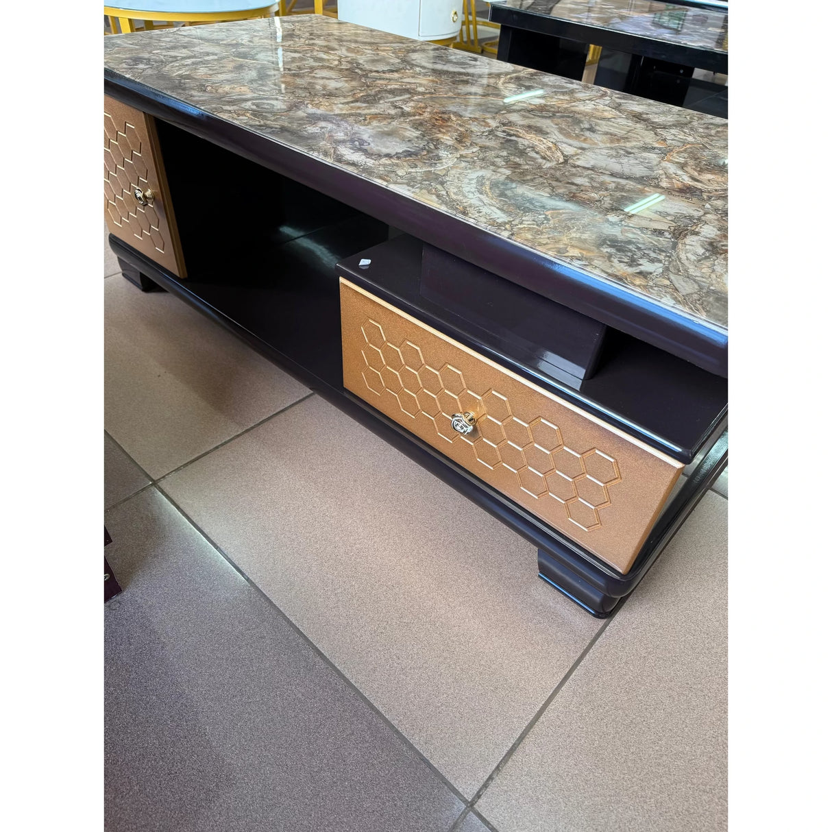 Rectangular Coffee Table – 120cm Marble Effect with Tree Stamp Design, Dual Drawers & Cabinets Coffee Tables