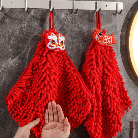 Red Chenille Hand Towels 27cm x 27cm