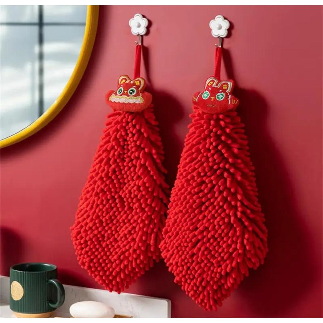 Red Chenille Hand Towels Soft Microfiber, Quick Drying Towel Ball for Kitchen|Bathroom, 27x27cm