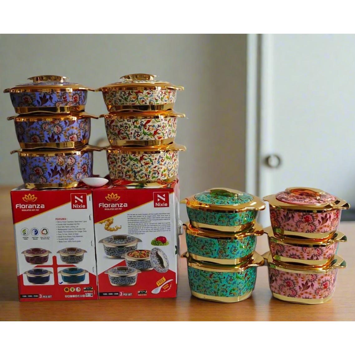 Redberry Plastic Designer Hotpot | "Floranza" 3 Piece Set | 1500ml, 2000ml, 2500ml | Durable Plastic with Floral Finish