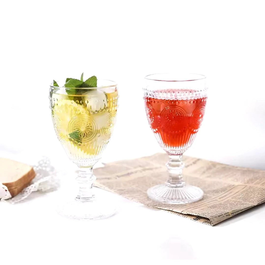 Retro Embossed Goblet Set Floral Cocktail Glasses Capacity: 240ml per glass Material: High-quality embossed glass Set Contains: 6 glasses Tableware Cocktail Glasses