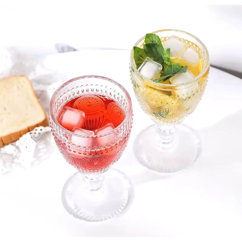 Retro Embossed Goblet Set Floral Cocktail Glasses Capacity: 240ml per glass Material: High-quality embossed glass Set Contains: 6 glasses Tableware Cocktail Glasses