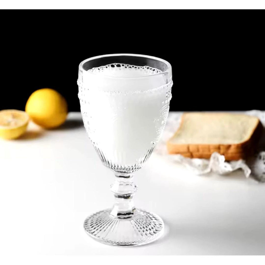 Retro Embossed Goblet Set Floral Cocktail Glasses Capacity: 240ml per glass Material: High-quality embossed glass Set Contains: 6 glasses Tableware Cocktail Glasses