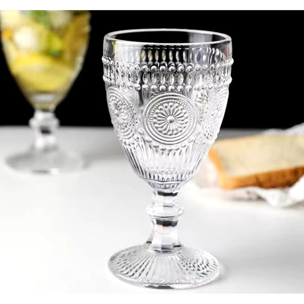 Retro Embossed Goblet Set Floral Cocktail Glasses Capacity: 240ml per glass Material: High-quality embossed glass Set Contains: 6 glasses Tableware Cocktail Glasses