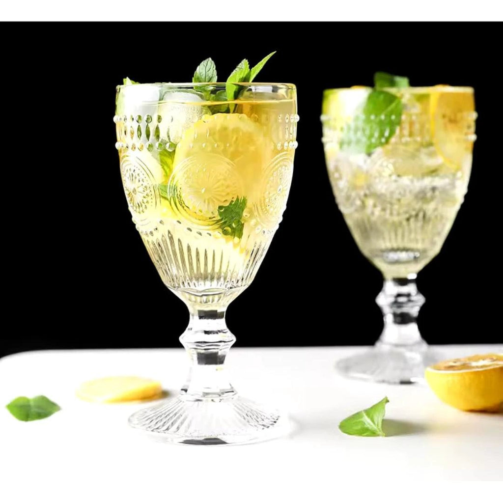 Retro Embossed Goblet Set Floral Cocktail Glasses Capacity: 240ml per glass Material: High-quality embossed glass Set Contains: 6 glasses Tableware Cocktail Glasses
