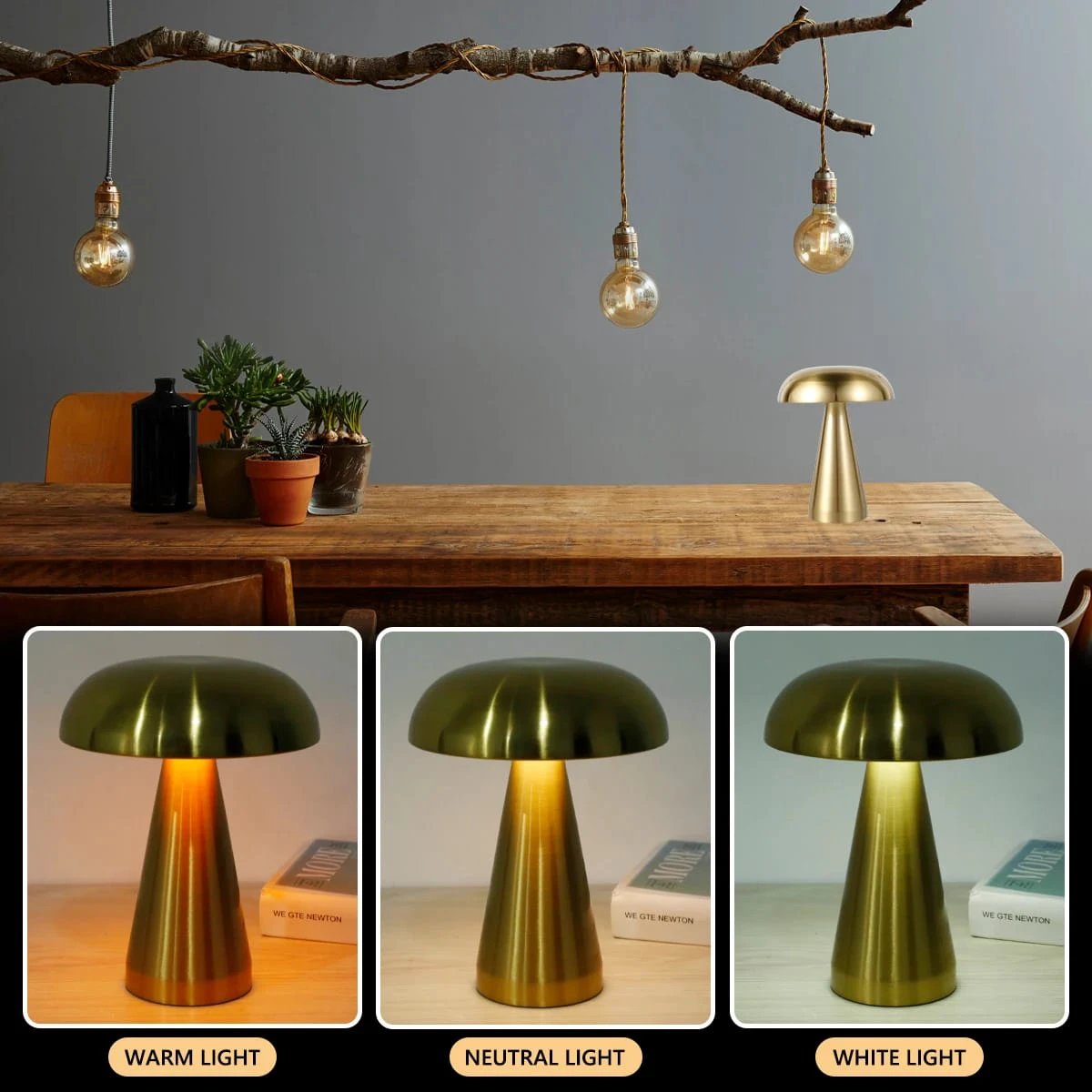 Retro Mushroom LED Night Light Rechargeable, Wireless & Portable Warm, Yellow, or Natural Light Lighting