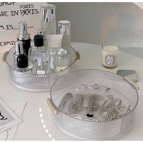 Ribbed Acrylic Lazy Susan with Gold Handles – Rotating Cosmetic Organizer (23x6cm)