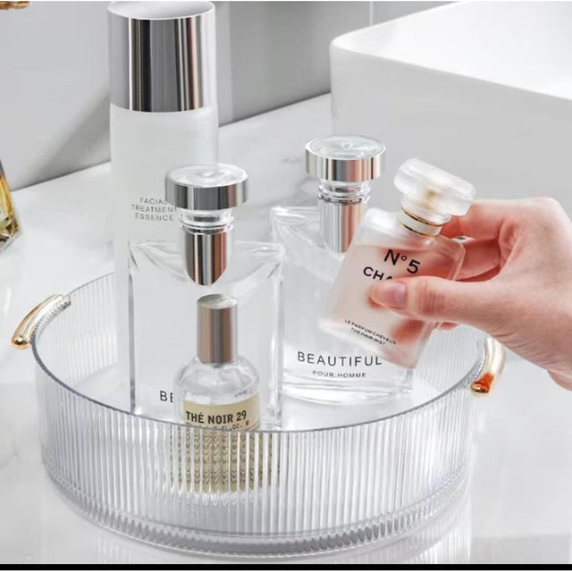 Ribbed Acrylic Lazy Susan with Gold Handles – Rotating Cosmetic Organizer (23x6cm)