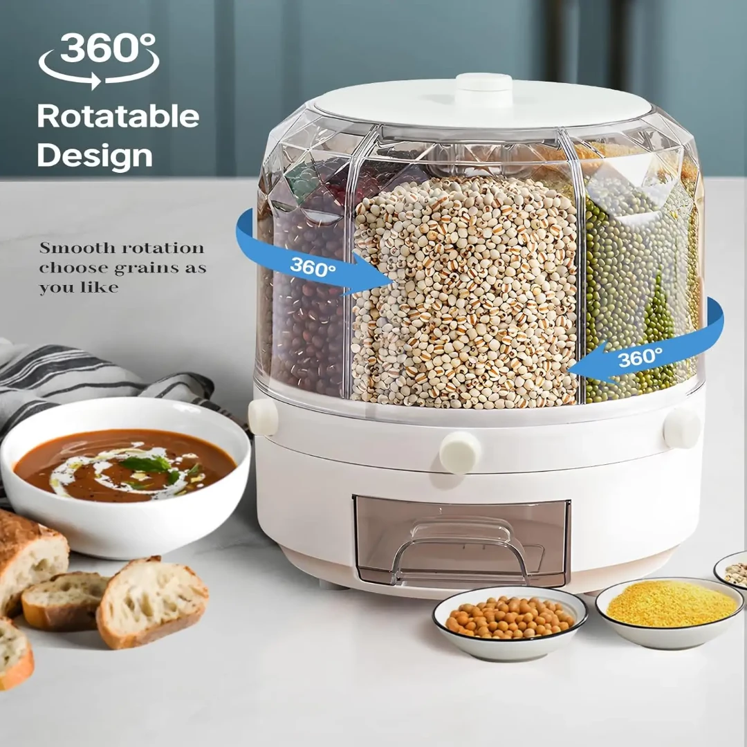 Rotating 6-Grid Food Storage Container 9.5kg Capacity BPA-Free Dispenser 360° Rotating Cereal & Grain Organizer Storage & Organization