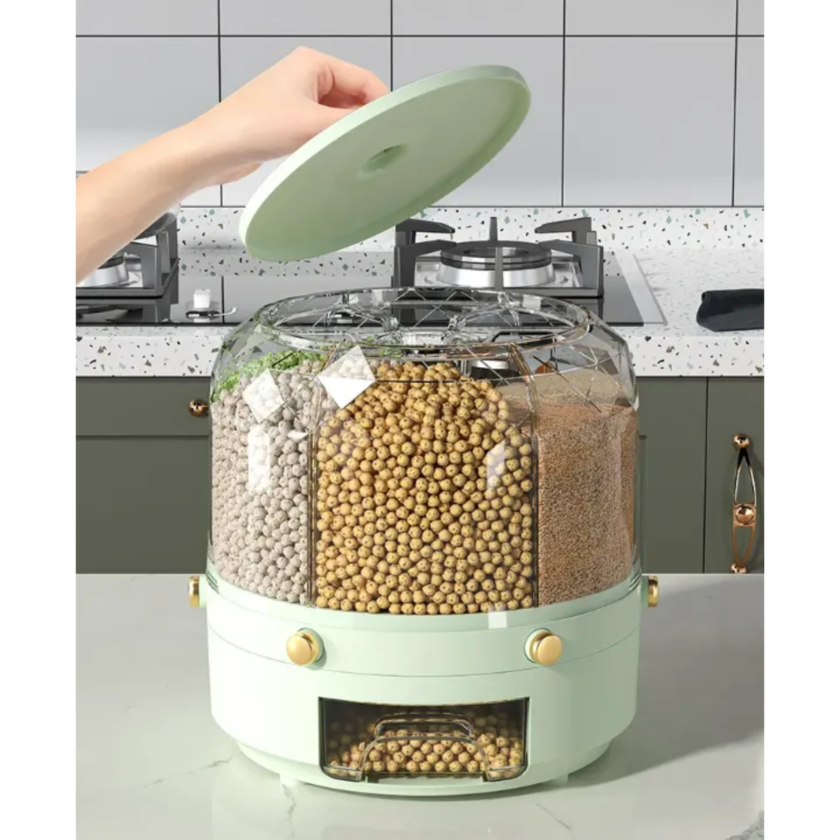 Rotating 6-Grid Food Storage Container 9.5kg Capacity BPA-Free Dispenser 360° Rotating Cereal & Grain Organizer Storage & Organization