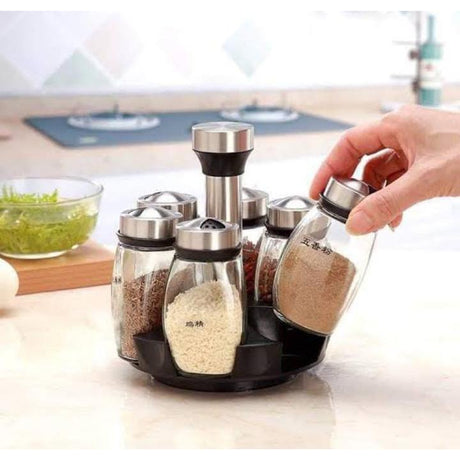 Rotating Spice Rack 6 in 1 | Glass and Steel | 125ml Capacity | Perfect For Home Kitchens, Restaurants