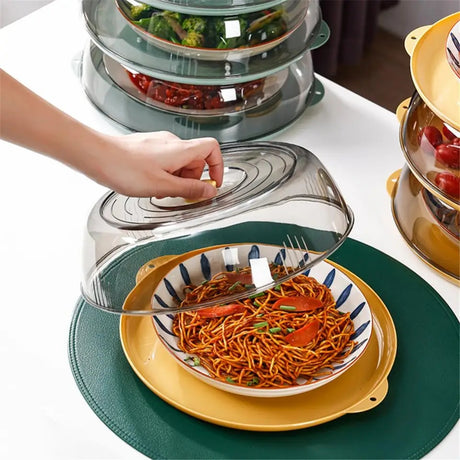 Round Acrylic Clear Food Cover with Base Dish | Transparent Food Protector | Size: 28cm (Diameter)x26cm (Base Diameter)x9cm(Height)