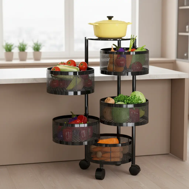 Round Fruit Rack With Wheels 5 Tier Mobile Storage For Home Kitchen utensils Kitchen Organizers