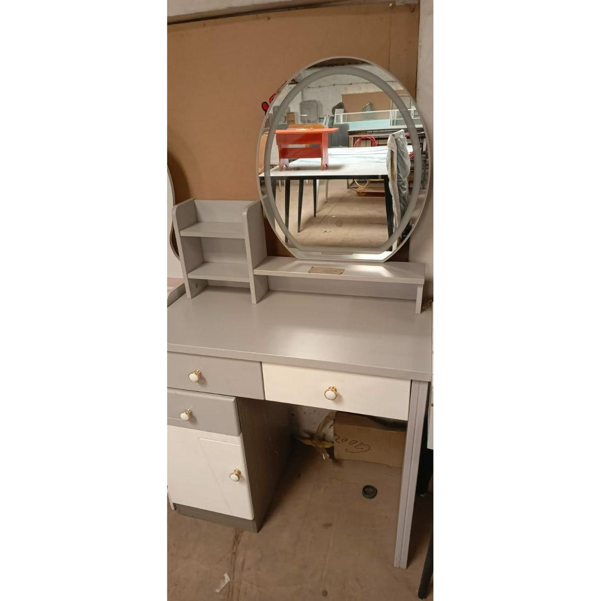 Round Mirror Dressing Table Multi Drawer Vanity with Side Shelf Organizer
