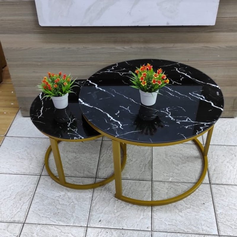 Round Nesting Coffee Tables with Black Marble Top and Golden Frame