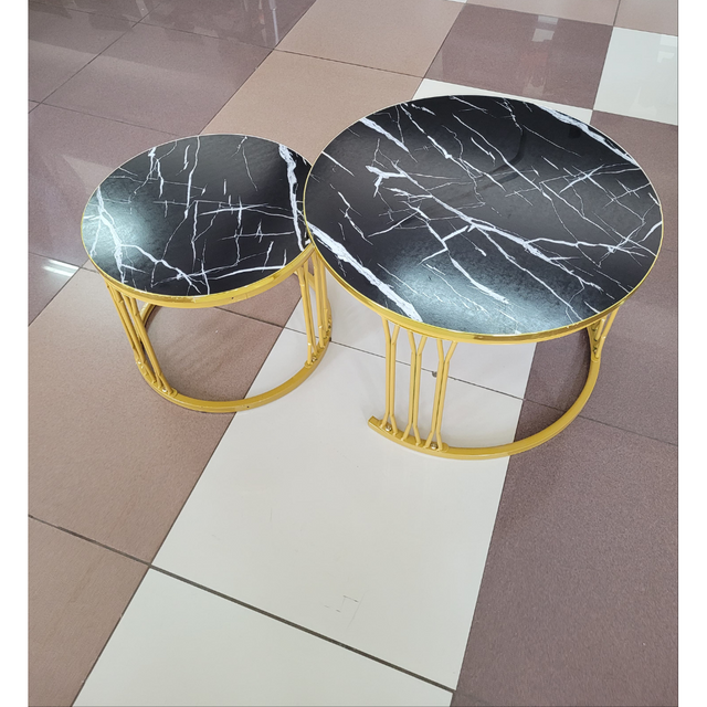 Round Nesting Coffee Tables with Black Marble Top and Golden Frame