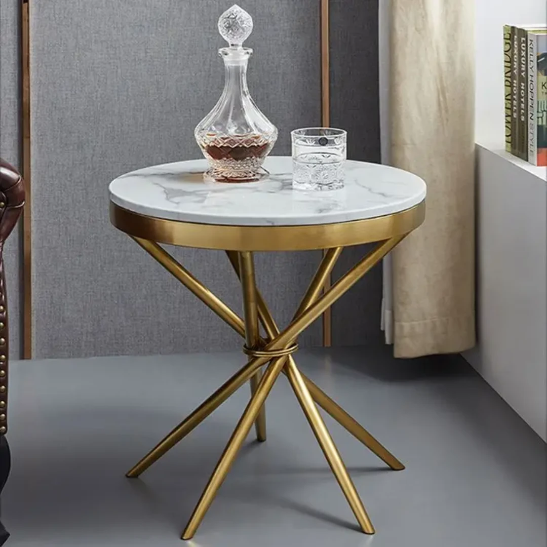 Round Side Table with Marble Top and Gold Legs Furniture End Tables