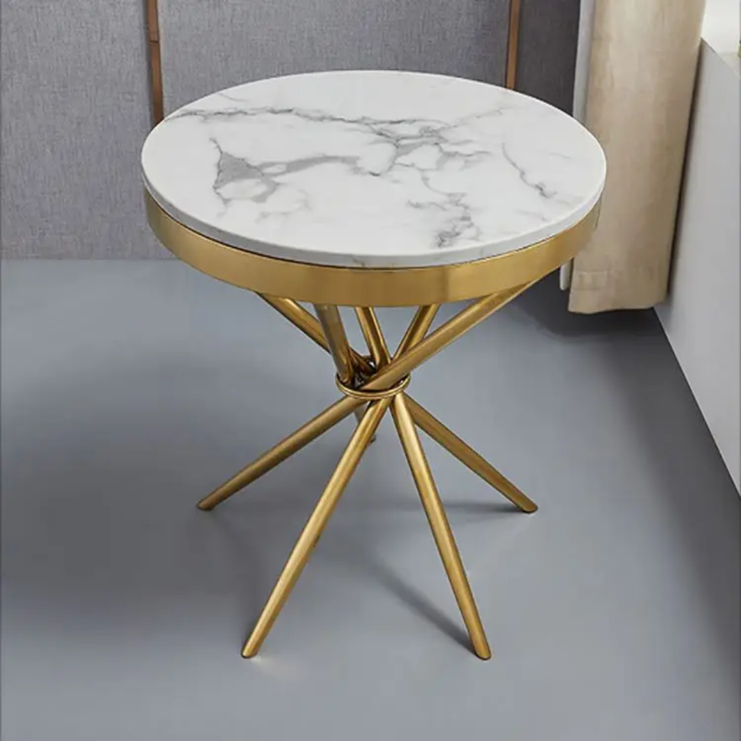 Round Side Table with Marble Top and Gold Legs