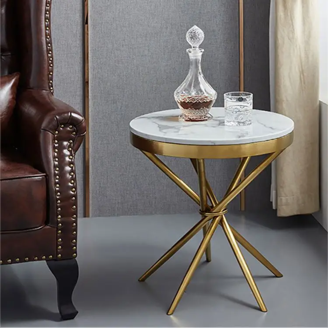 Round Side Table with Marble Top and Gold Legs