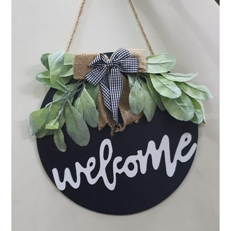 Round Wood Welcome Decorative Wall Hanging Art 30cm Diameter Black