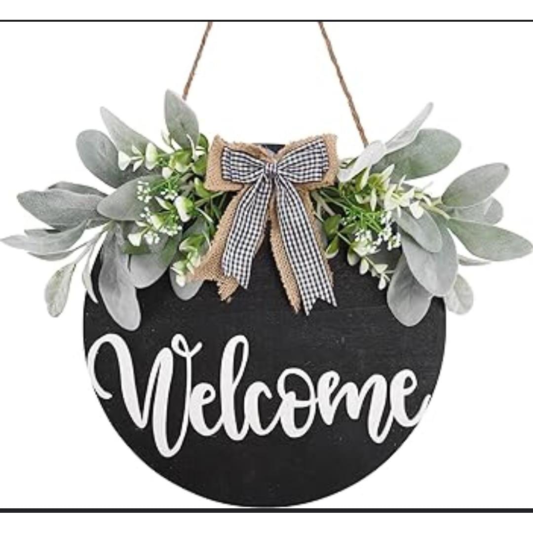 Round Wood Welcome Decorative Wall Hanging Art 30cm Diameter Black