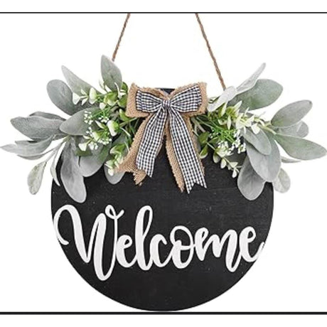 Round Wood Welcome Decorative Wall Hanging Art 30cm Diameter Black